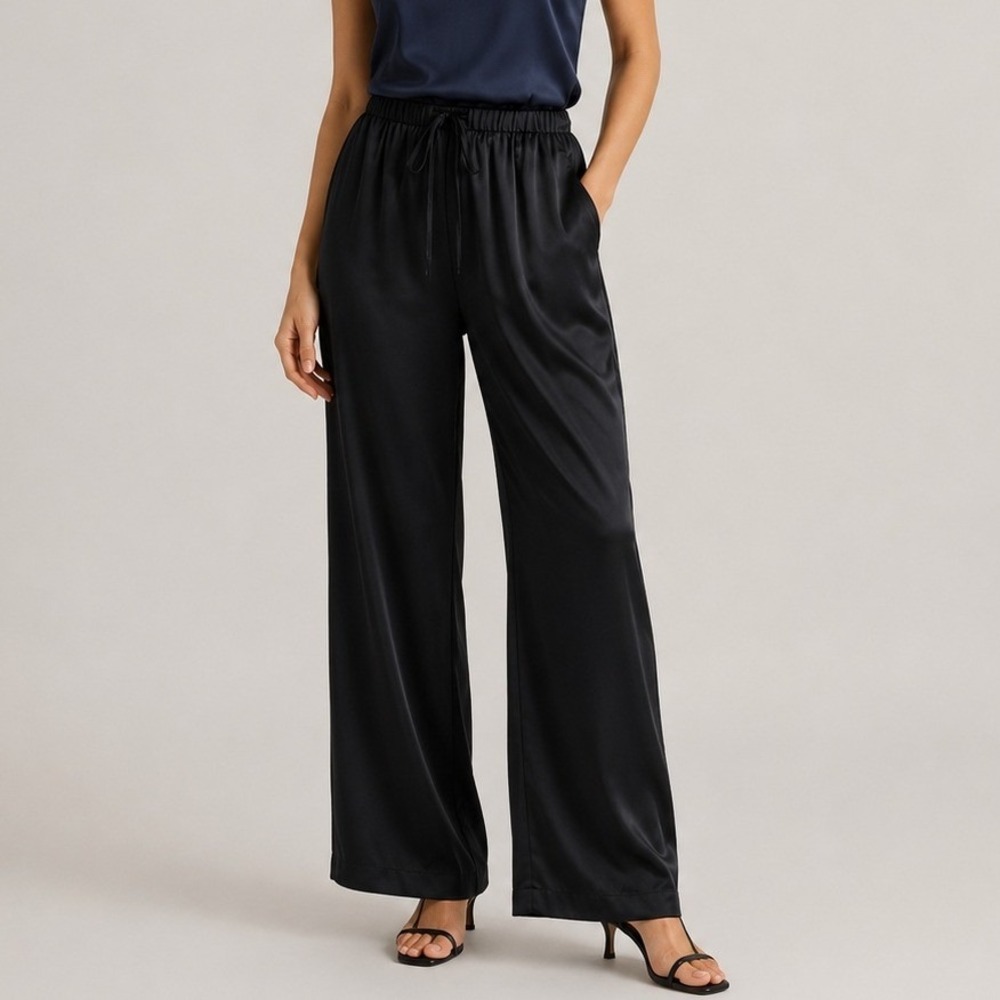 Quince 100% Washable Silk Drawstring Wide Leg Pants Date Resort Navy Small GUC